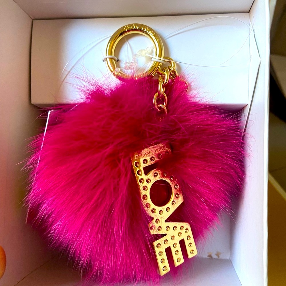 Michael Kors Hotpink Love Pom Pom Fur Keychain with Gold Accents